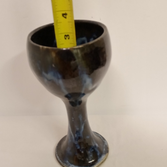 Vintage Handcrafted Churning Pottery Art Goblet Blues Dripping Glazed 8" - Picture 6 of 6
